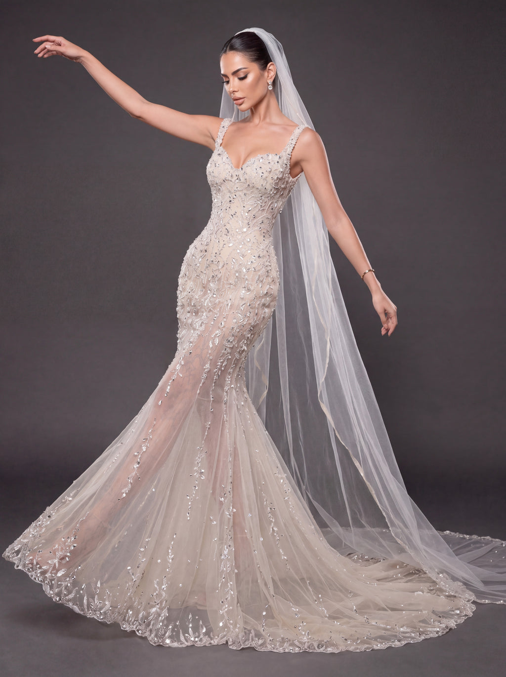 Champagne Nude Crystal Embellished Mermaid Wedding Gown with Cathedral Veil – Sweetheart Corset Bridal Dress with Cathedral Veil