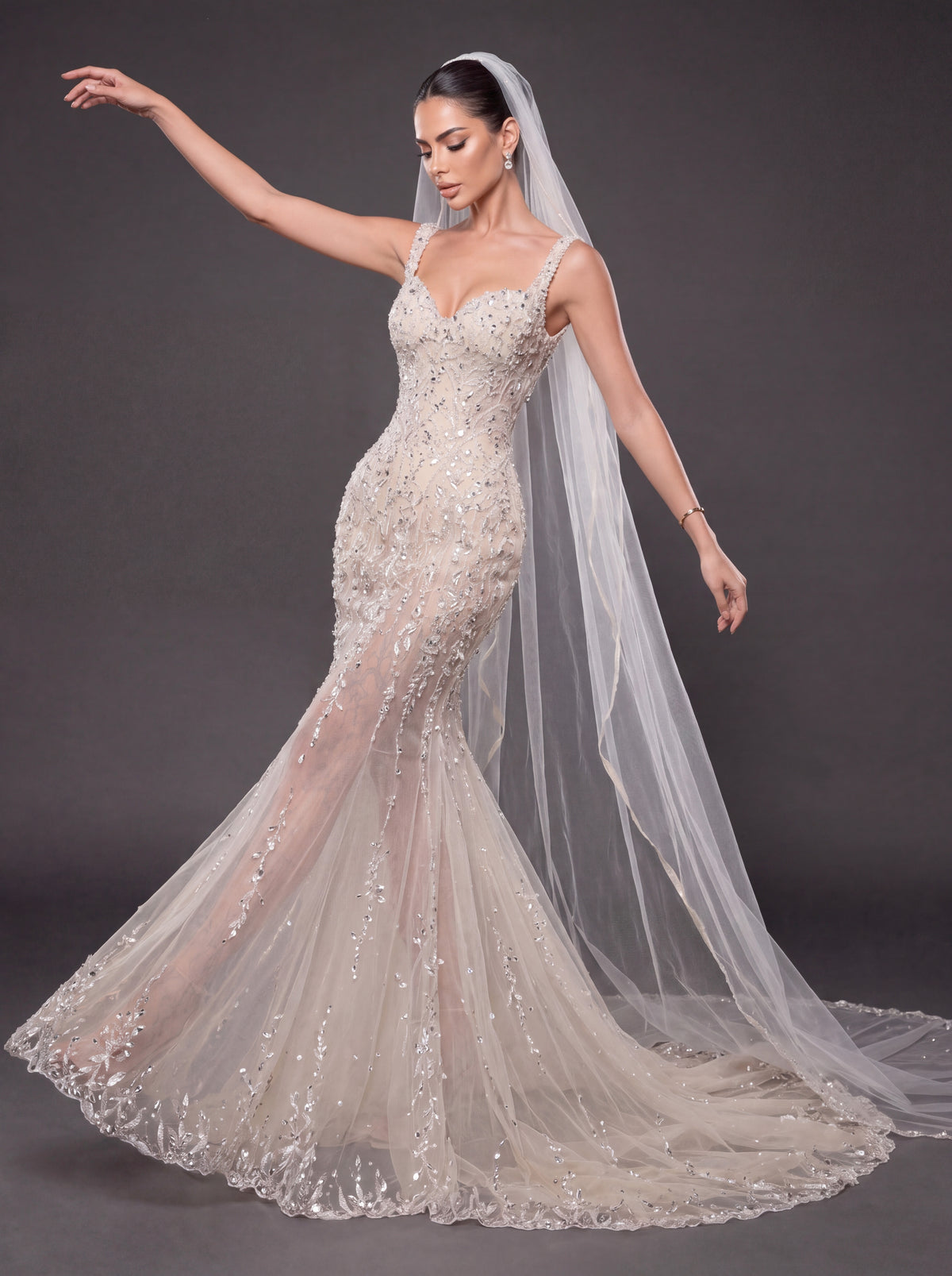 Champagne Nude Crystal Embellished Mermaid Wedding Gown with Cathedral Veil – Sweetheart Corset Bridal Dress with Cathedral Veil