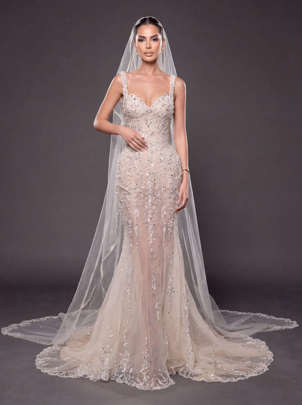 Champagne Nude Crystal Embellished Mermaid Wedding Gown with Cathedral Veil – Sweetheart Corset Bridal Dress with Cathedral Veil