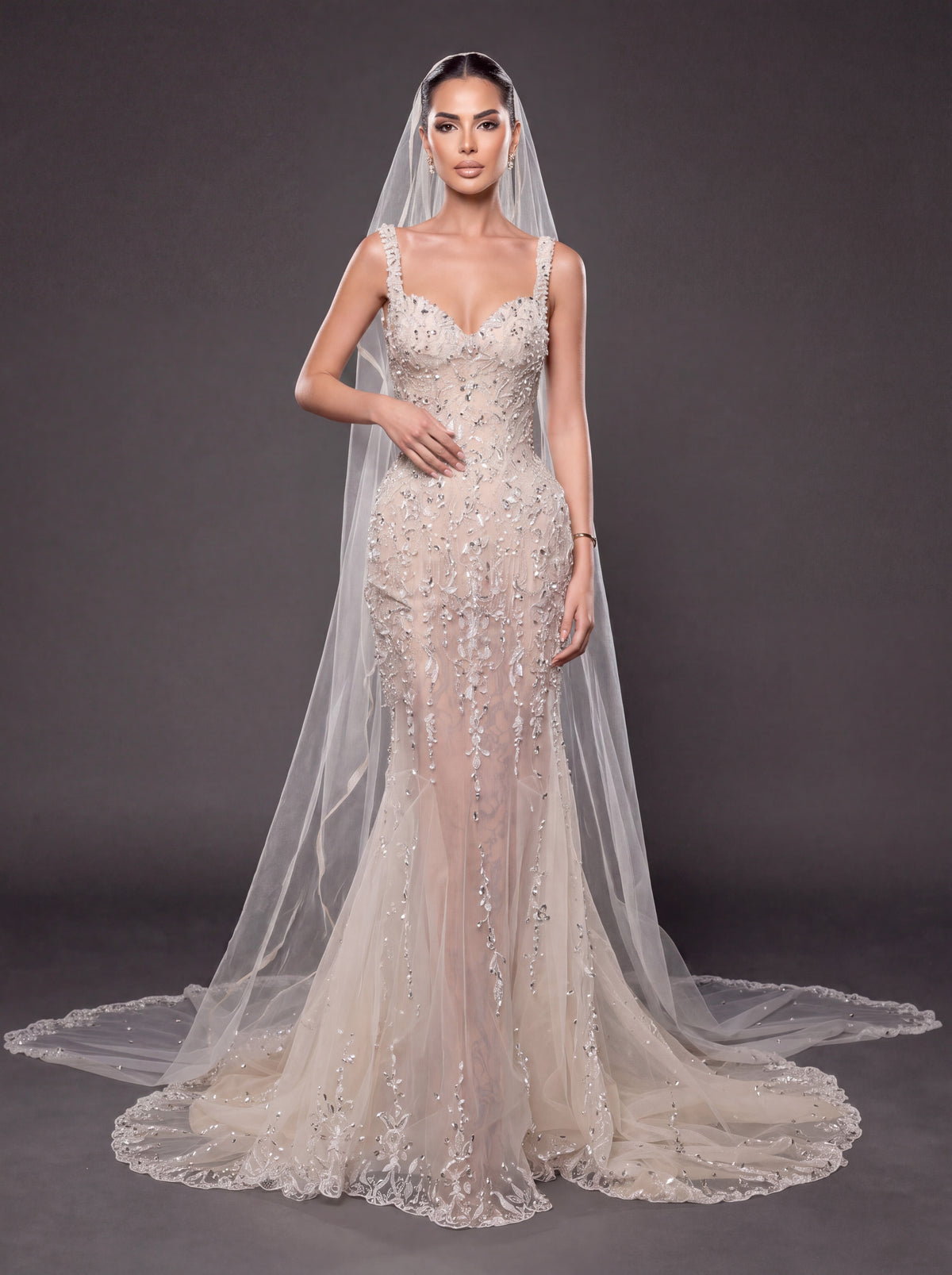 Champagne Nude Crystal Embellished Mermaid Wedding Gown with Cathedral Veil – Sweetheart Corset Bridal Dress with Cathedral Veil