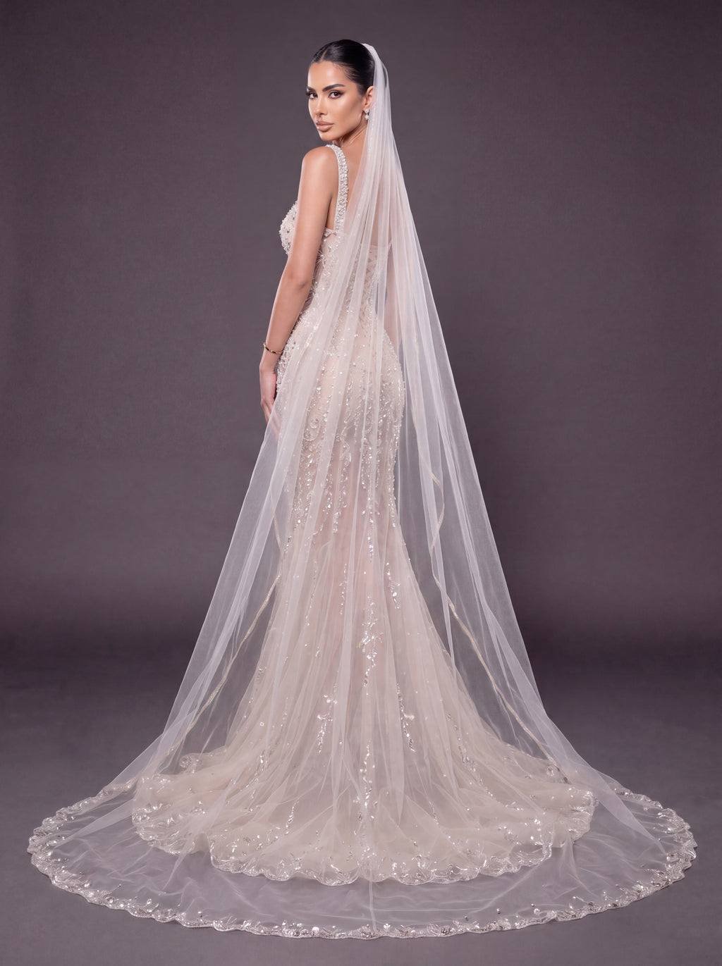 Champagne Nude Crystal Embellished Mermaid Wedding Gown with Cathedral Veil – Sweetheart Corset Bridal Dress with Cathedral Veil