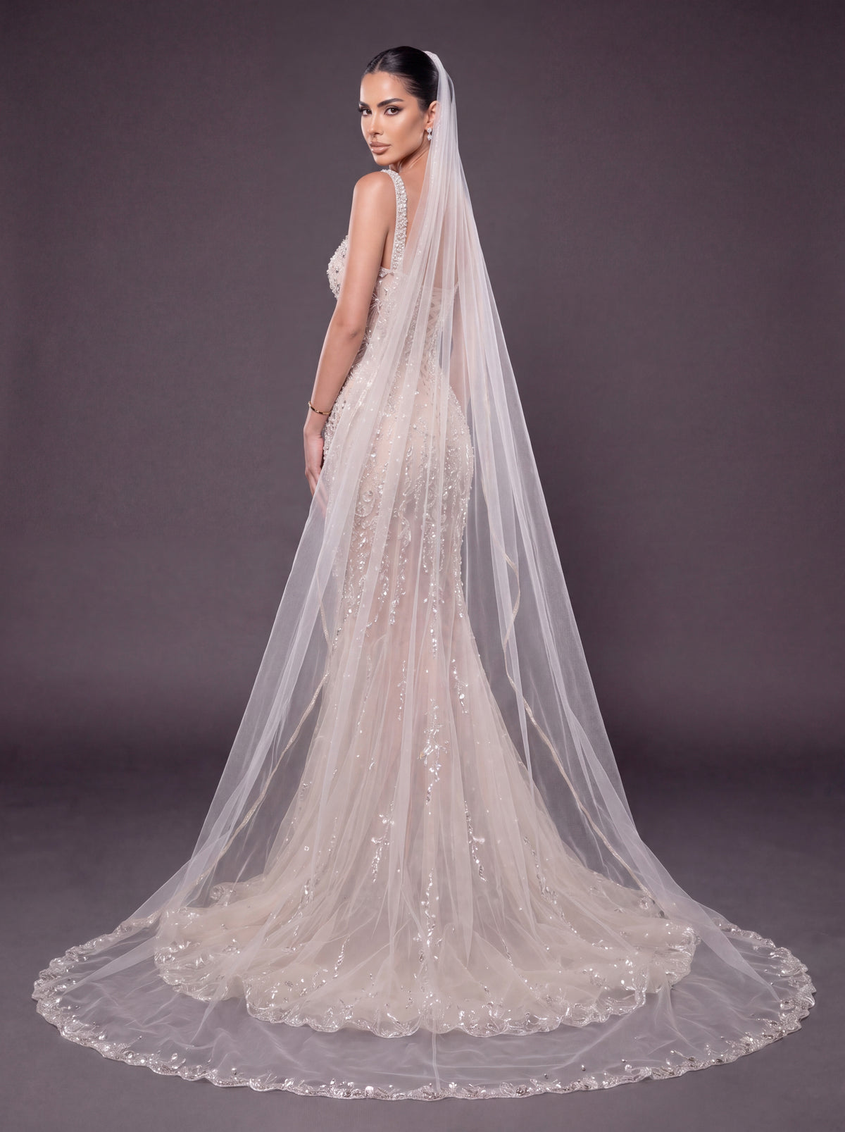 Champagne Nude Crystal Embellished Mermaid Wedding Gown with Cathedral Veil – Sweetheart Corset Bridal Dress with Cathedral Veil