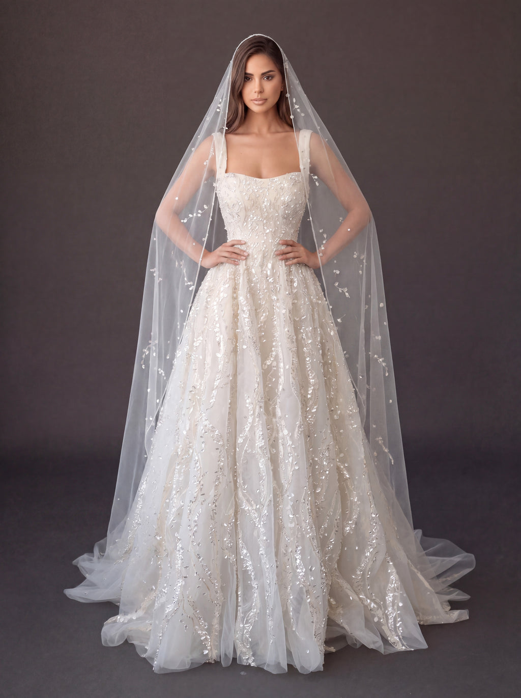 Ivory Crystal Embellished A-Line Wedding Gown with Beaded Cathedral Veil – Square Neck Corset Bridal Dress with Beaded Cathedral Veil