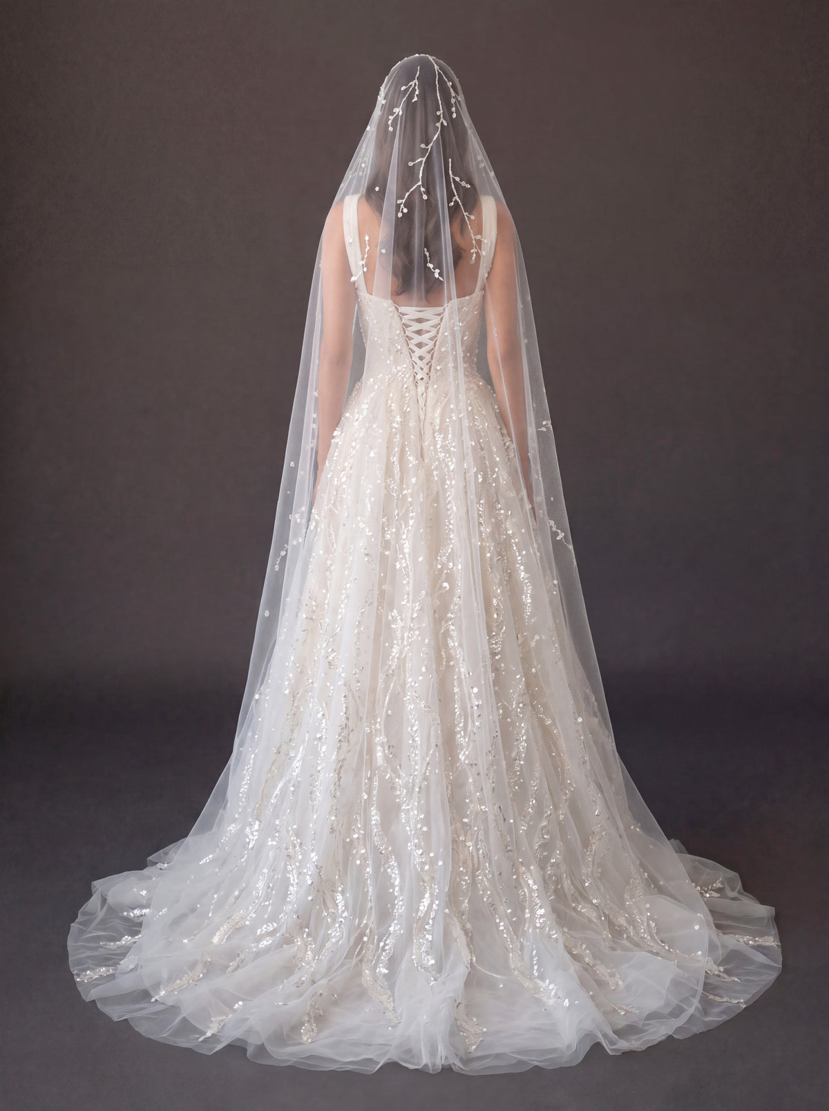 Ivory Crystal Embellished A-Line Wedding Gown with Beaded Cathedral Veil – Square Neck Corset Bridal Dress with Beaded Cathedral Veil