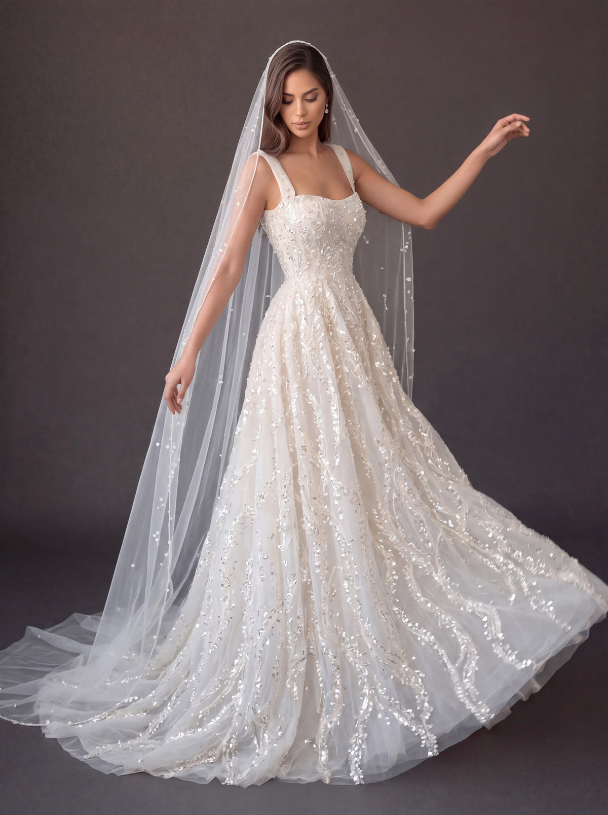Ivory Crystal Embellished A-Line Wedding Gown with Beaded Cathedral Veil – Square Neck Corset Bridal Dress with Beaded Cathedral Veil