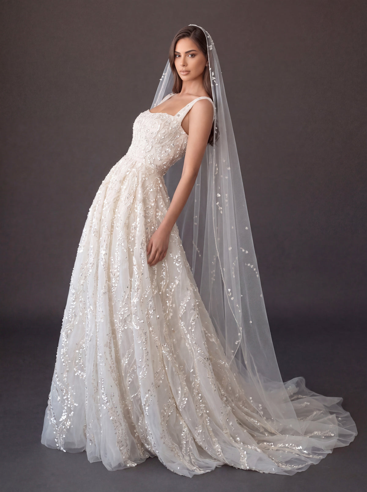 Ivory Crystal Embellished A-Line Wedding Gown with Beaded Cathedral Veil – Square Neck Corset Bridal Dress with Beaded Cathedral Veil
