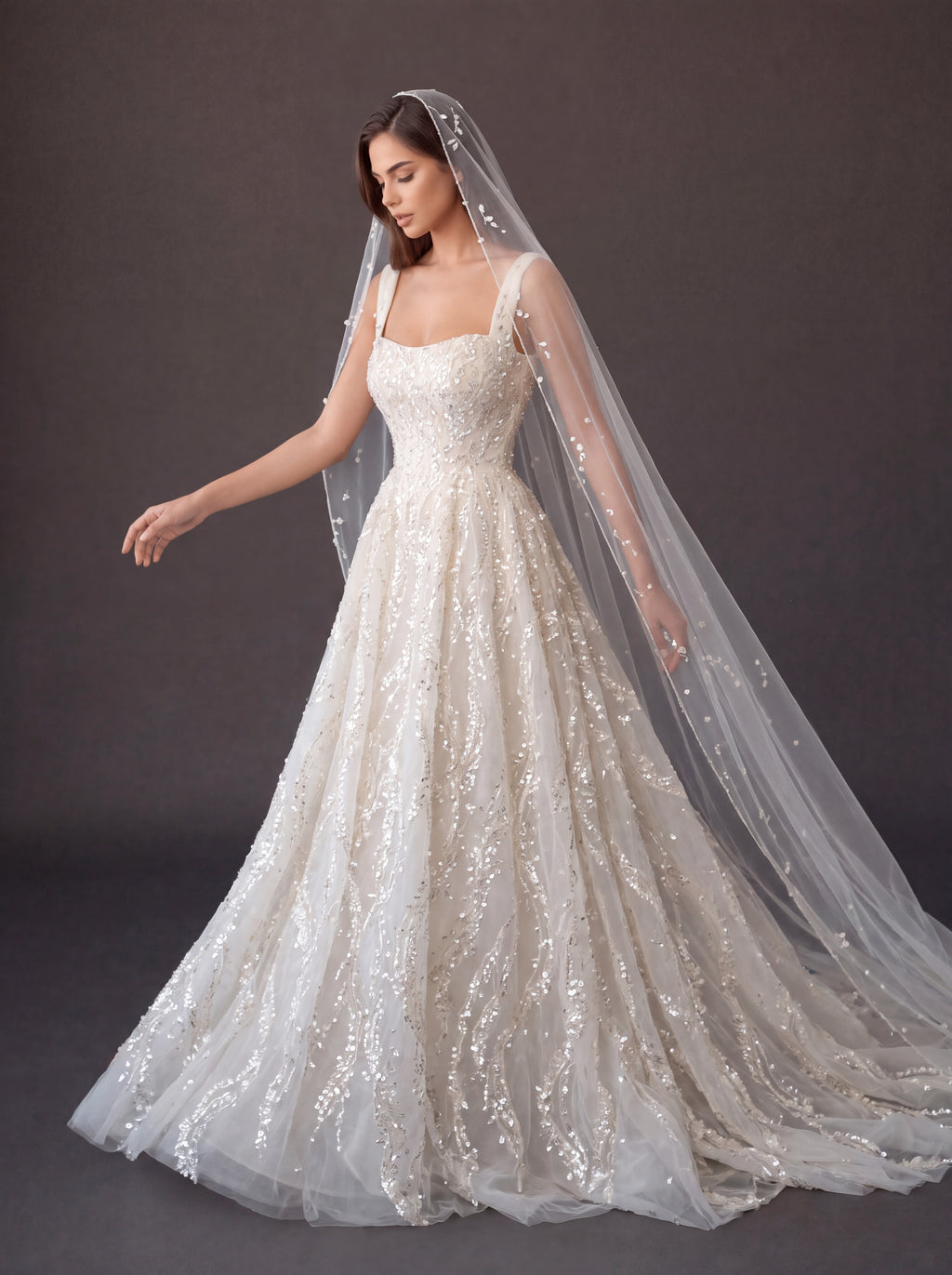 Ivory Crystal Embellished A-Line Wedding Gown with Beaded Cathedral Veil – Square Neck Corset Bridal Dress with Beaded Cathedral Veil