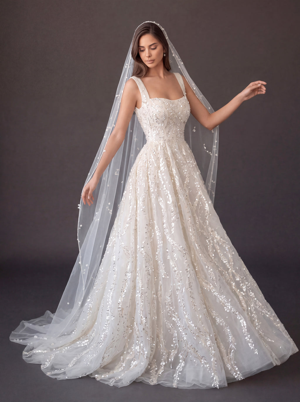 Ivory Crystal Embellished A-Line Wedding Gown with Beaded Cathedral Veil – Square Neck Corset Bridal Dress with Beaded Cathedral Veil