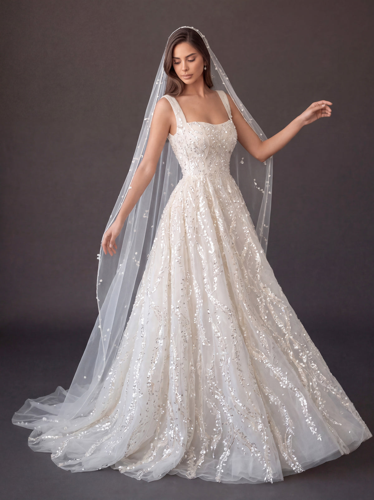 Ivory Crystal Embellished A-Line Wedding Gown with Beaded Cathedral Veil – Square Neck Corset Bridal Dress with Beaded Cathedral Veil