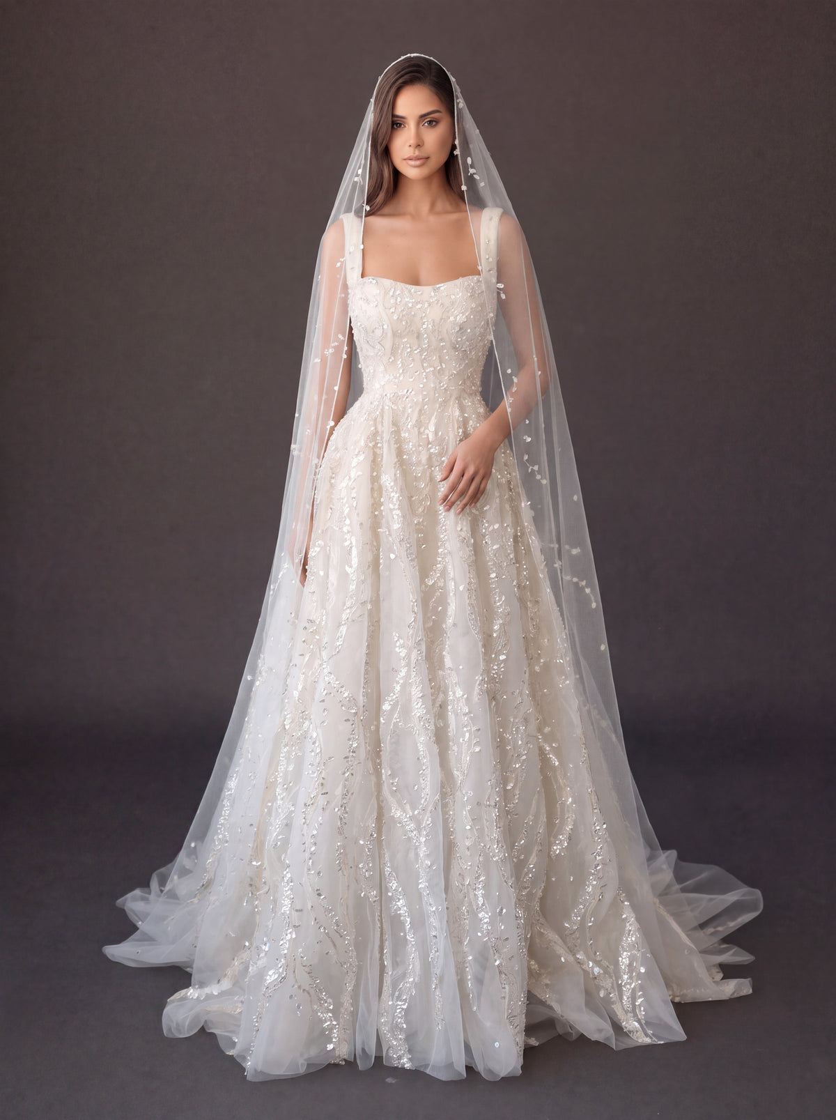 Ivory Crystal Embellished A-Line Wedding Gown with Beaded Cathedral Veil – Square Neck Corset Bridal Dress with Beaded Cathedral Veil