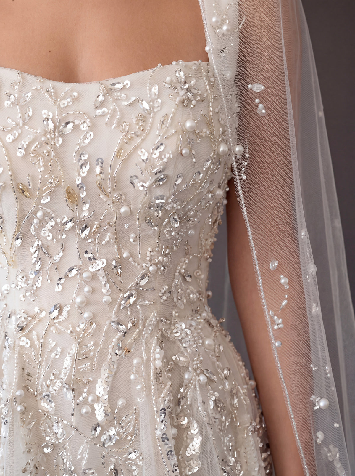 Ivory Crystal Embellished A-Line Wedding Gown with Beaded Cathedral Veil – Square Neck Corset Bridal Dress with Beaded Cathedral Veil