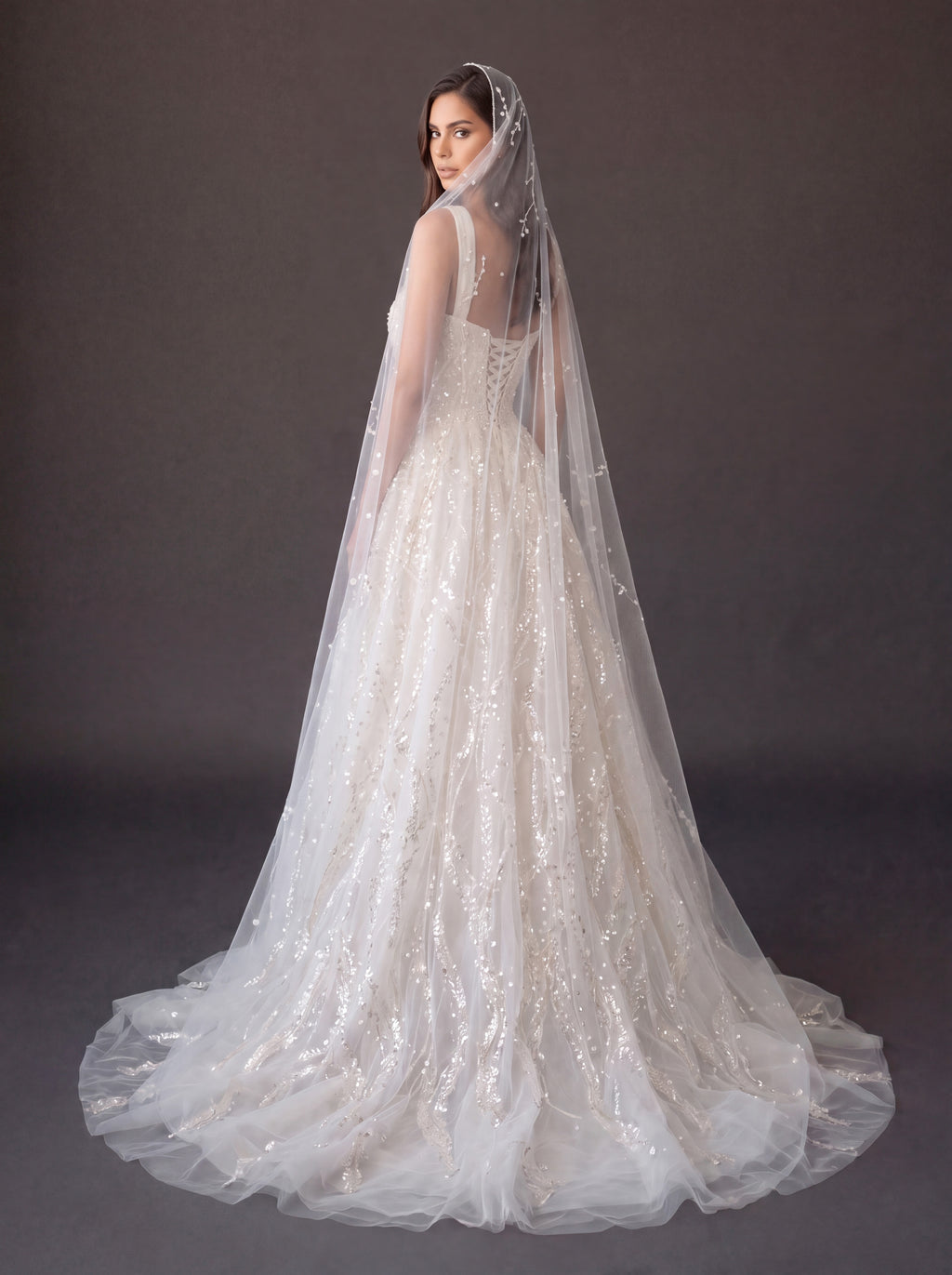Ivory Crystal Embellished A-Line Wedding Gown with Beaded Cathedral Veil – Square Neck Corset Bridal Dress with Beaded Cathedral Veil