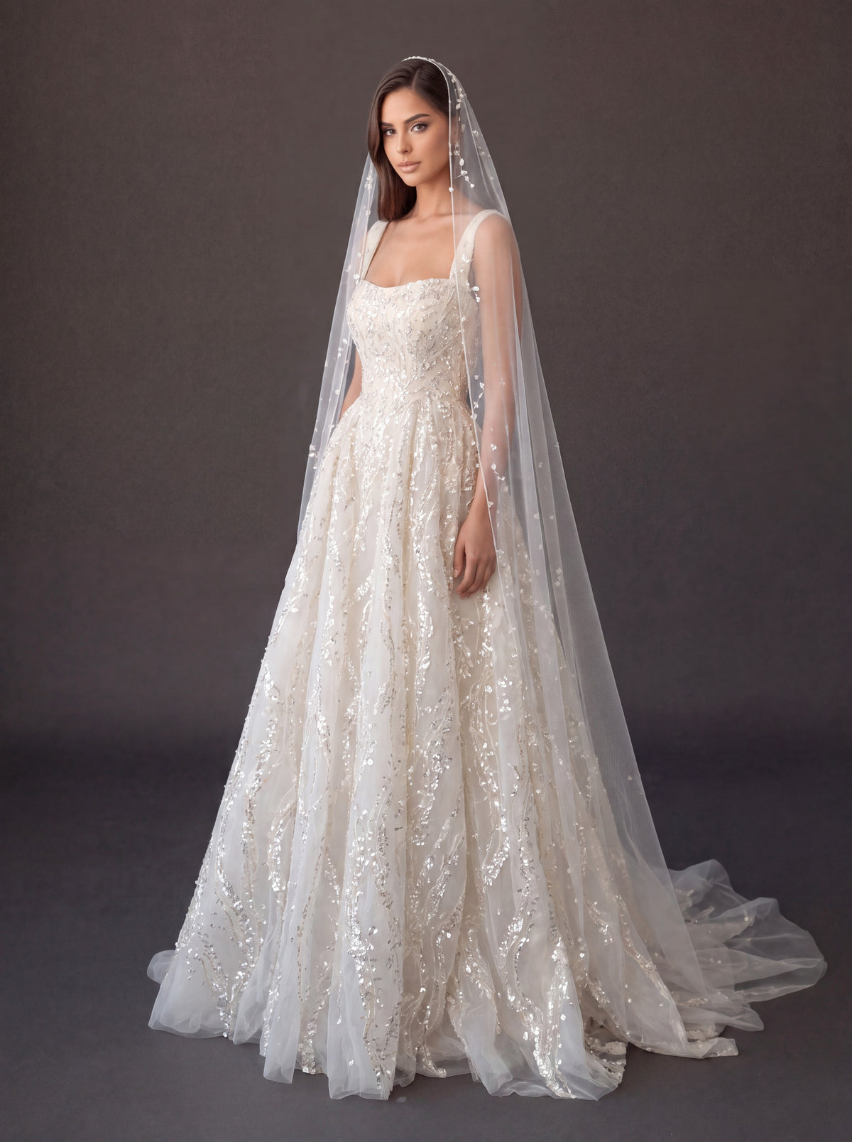 Ivory Crystal Embellished A-Line Wedding Gown with Beaded Cathedral Veil – Square Neck Corset Bridal Dress with Beaded Cathedral Veil