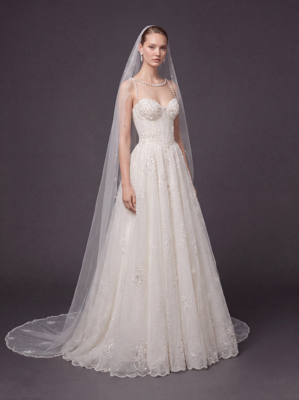 Corset Bridal Dress with Pearl Straps & Cathedral Veil – Ivory Pearl Embellished A-Line Wedding Gown & Cathedral Veil
