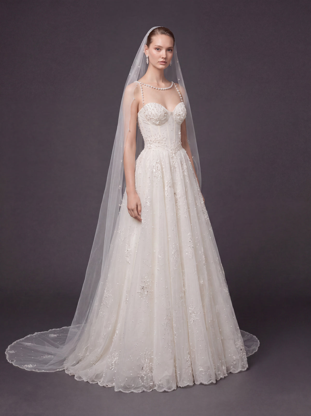 Corset Bridal Dress with Pearl Straps & Cathedral Veil – Ivory Pearl Embellished A-Line Wedding Gown & Cathedral Veil