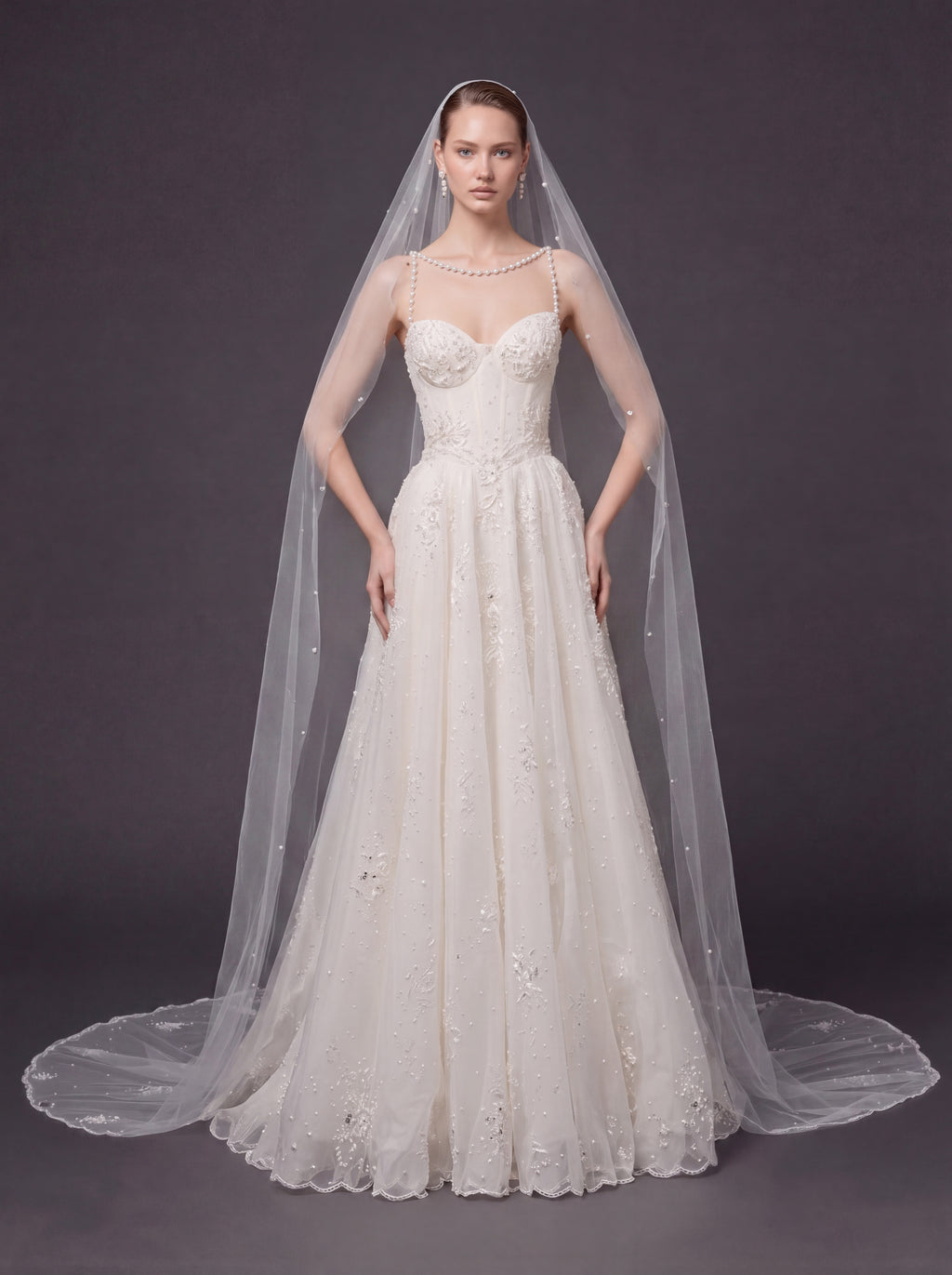 Corset Bridal Dress with Pearl Straps & Cathedral Veil – Ivory Pearl Embellished A-Line Wedding Gown & Cathedral Veil