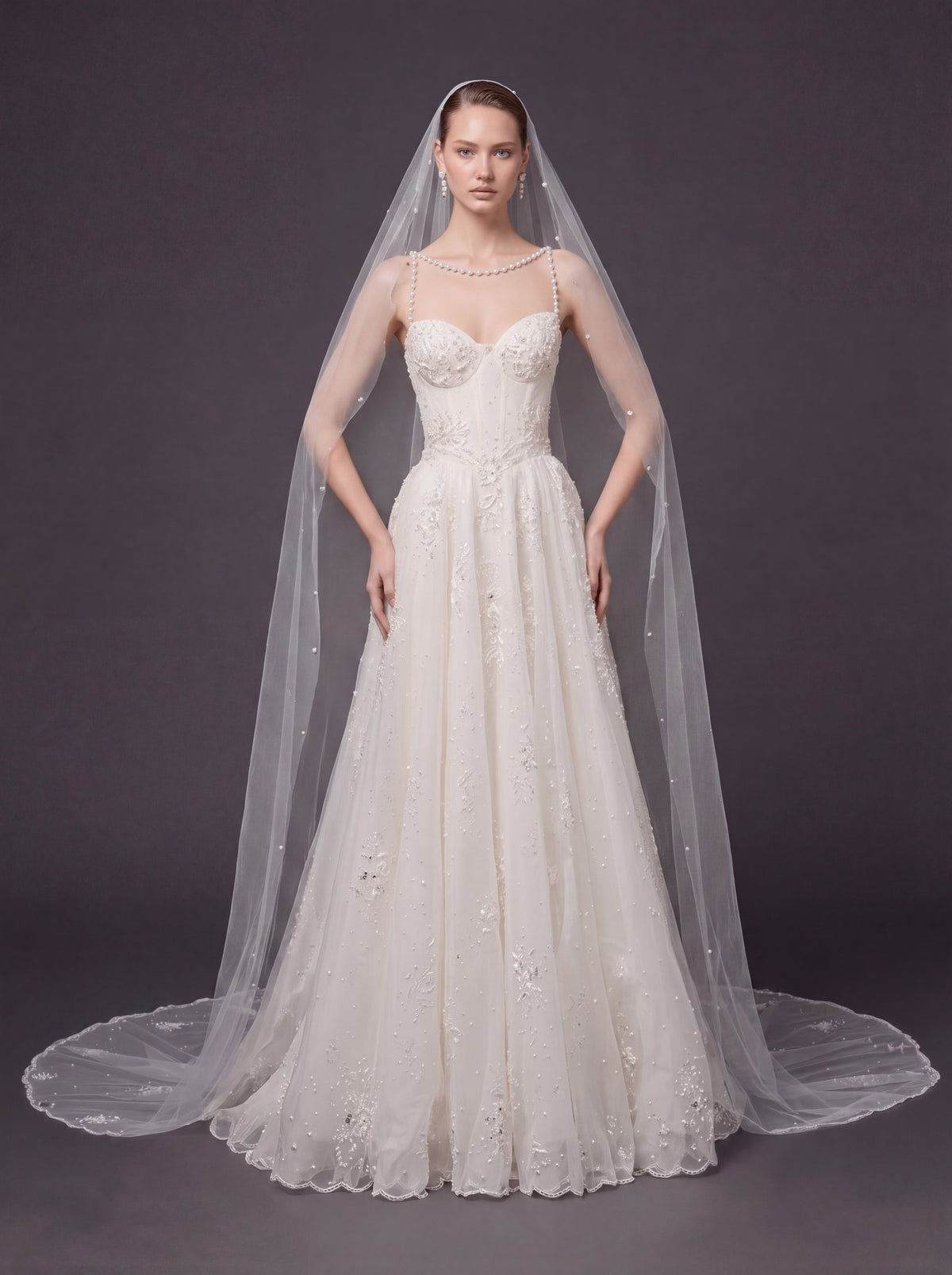 Corset Bridal Dress with Pearl Straps & Cathedral Veil – Ivory Pearl Embellished A-Line Wedding Gown & Cathedral Veil