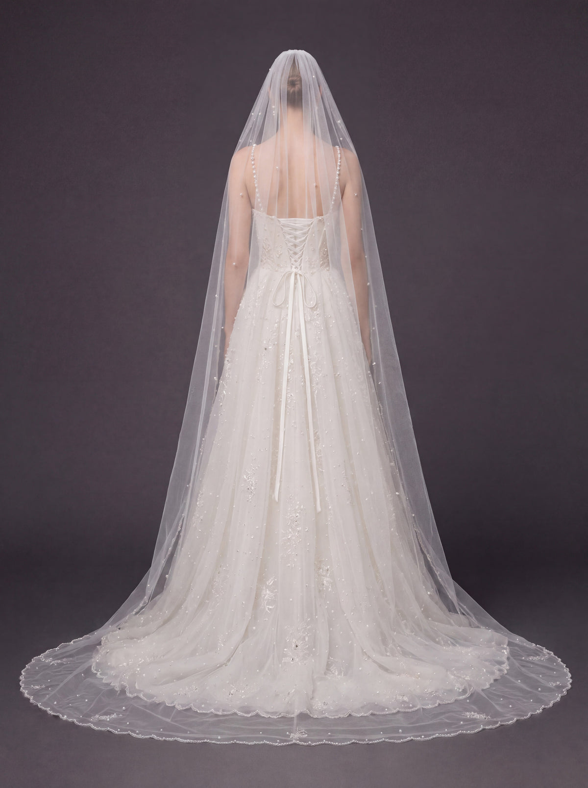 Corset Bridal Dress with Pearl Straps & Cathedral Veil – Ivory Pearl Embellished A-Line Wedding Gown & Cathedral Veil