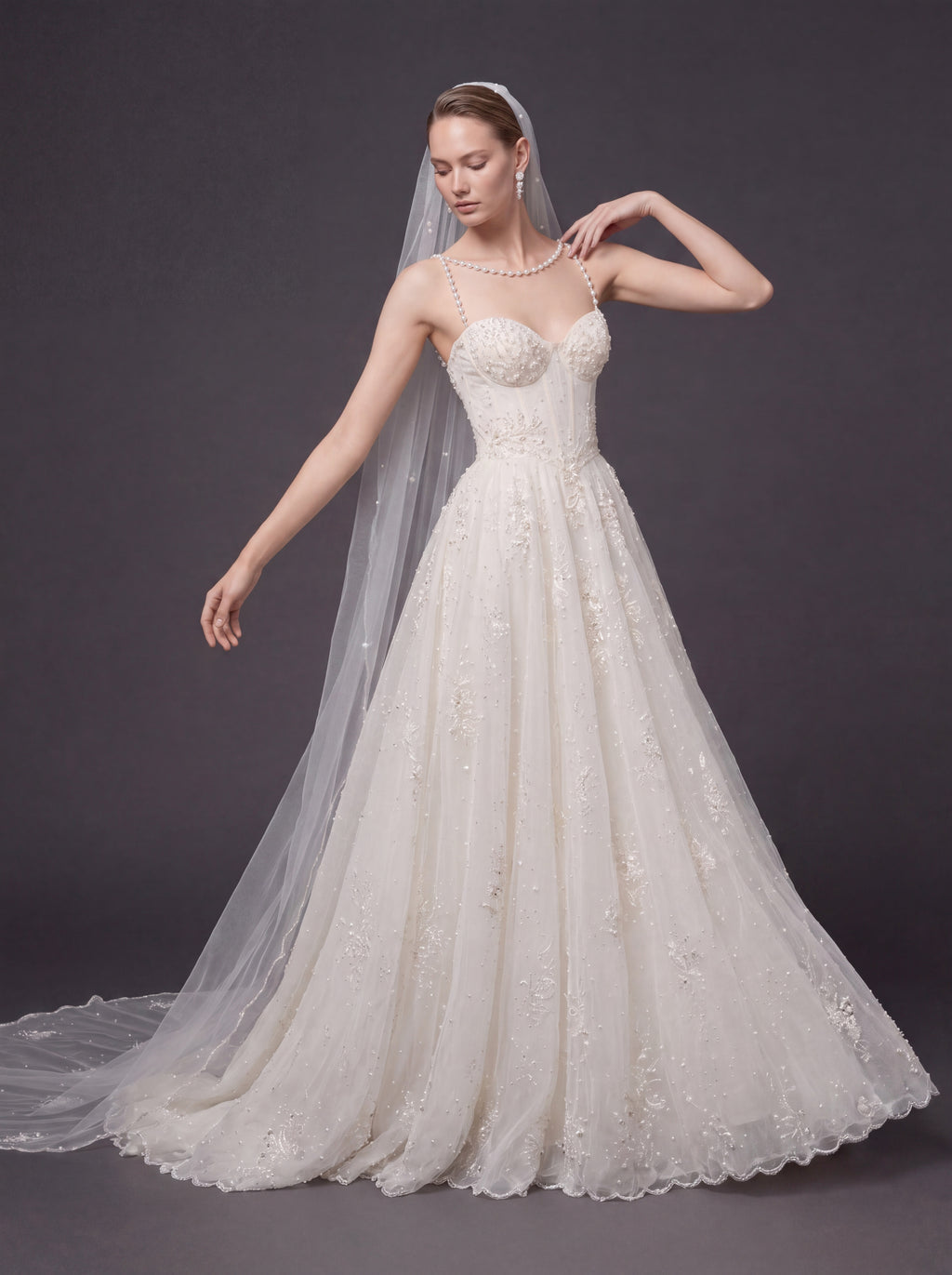 Corset Bridal Dress with Pearl Straps & Cathedral Veil – Ivory Pearl Embellished A-Line Wedding Gown & Cathedral Veil