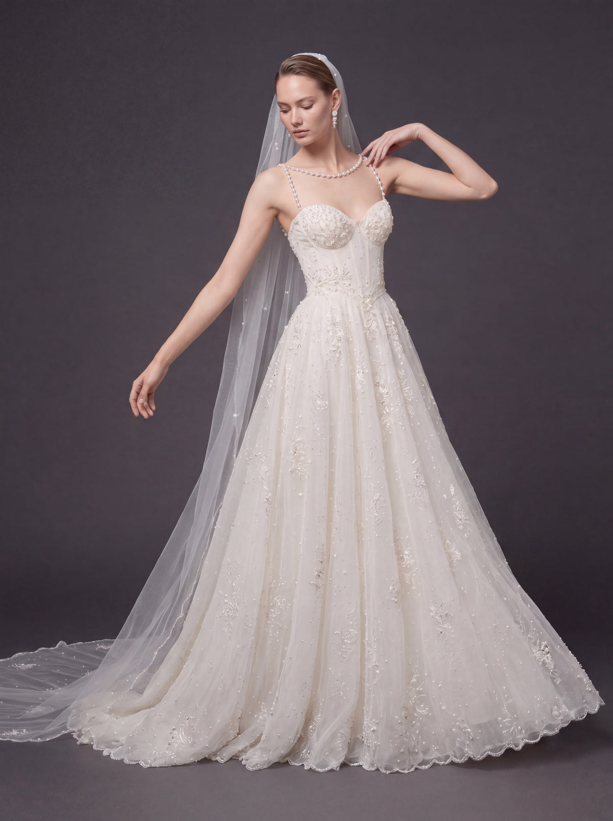 Corset Bridal Dress with Pearl Straps & Cathedral Veil – Ivory Pearl Embellished A-Line Wedding Gown & Cathedral Veil
