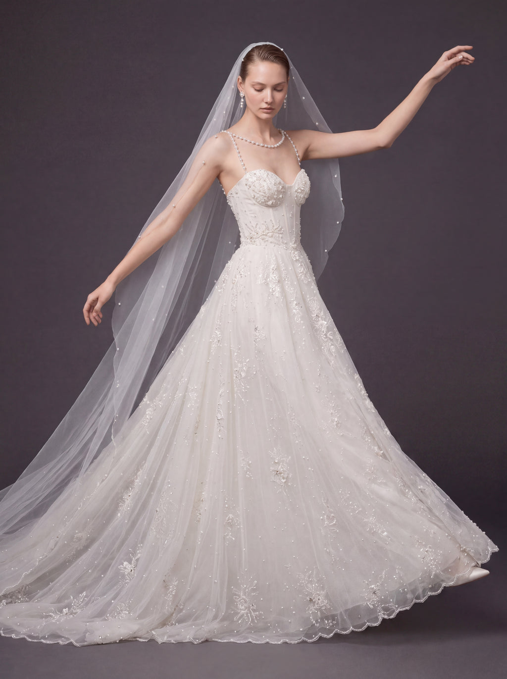 Corset Bridal Dress with Pearl Straps & Cathedral Veil – Ivory Pearl Embellished A-Line Wedding Gown & Cathedral Veil