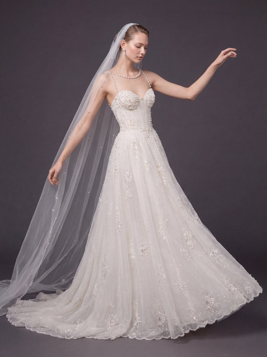 Corset Bridal Dress with Pearl Straps & Cathedral Veil – Ivory Pearl Embellished A-Line Wedding Gown & Cathedral Veil