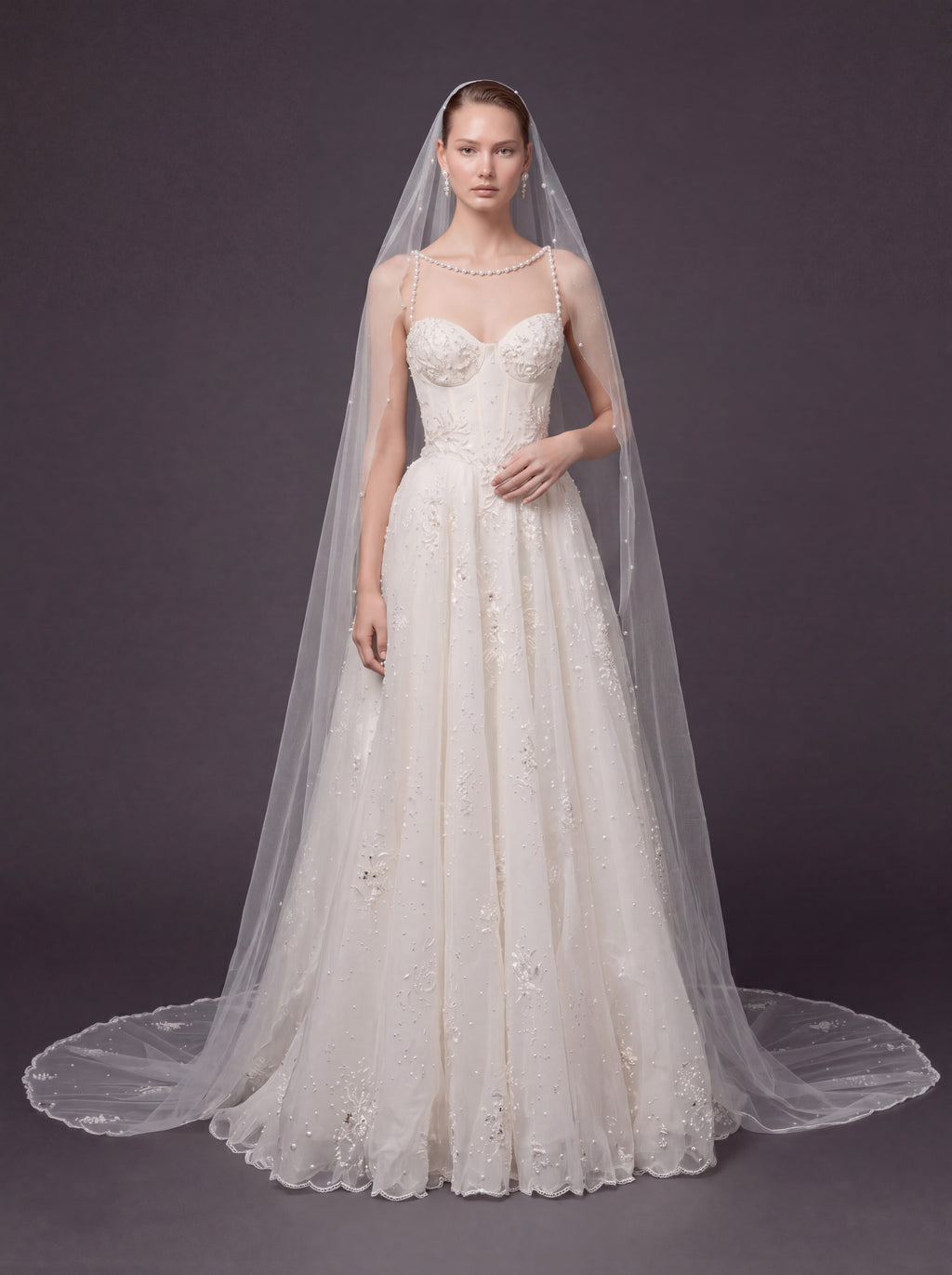Corset Bridal Dress with Pearl Straps & Cathedral Veil – Ivory Pearl Embellished A-Line Wedding Gown & Cathedral Veil
