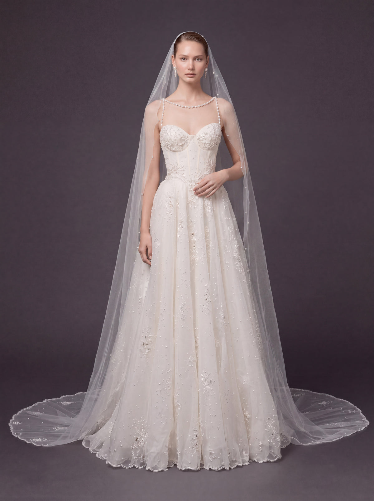 Corset Bridal Dress with Pearl Straps & Cathedral Veil – Ivory Pearl Embellished A-Line Wedding Gown & Cathedral Veil