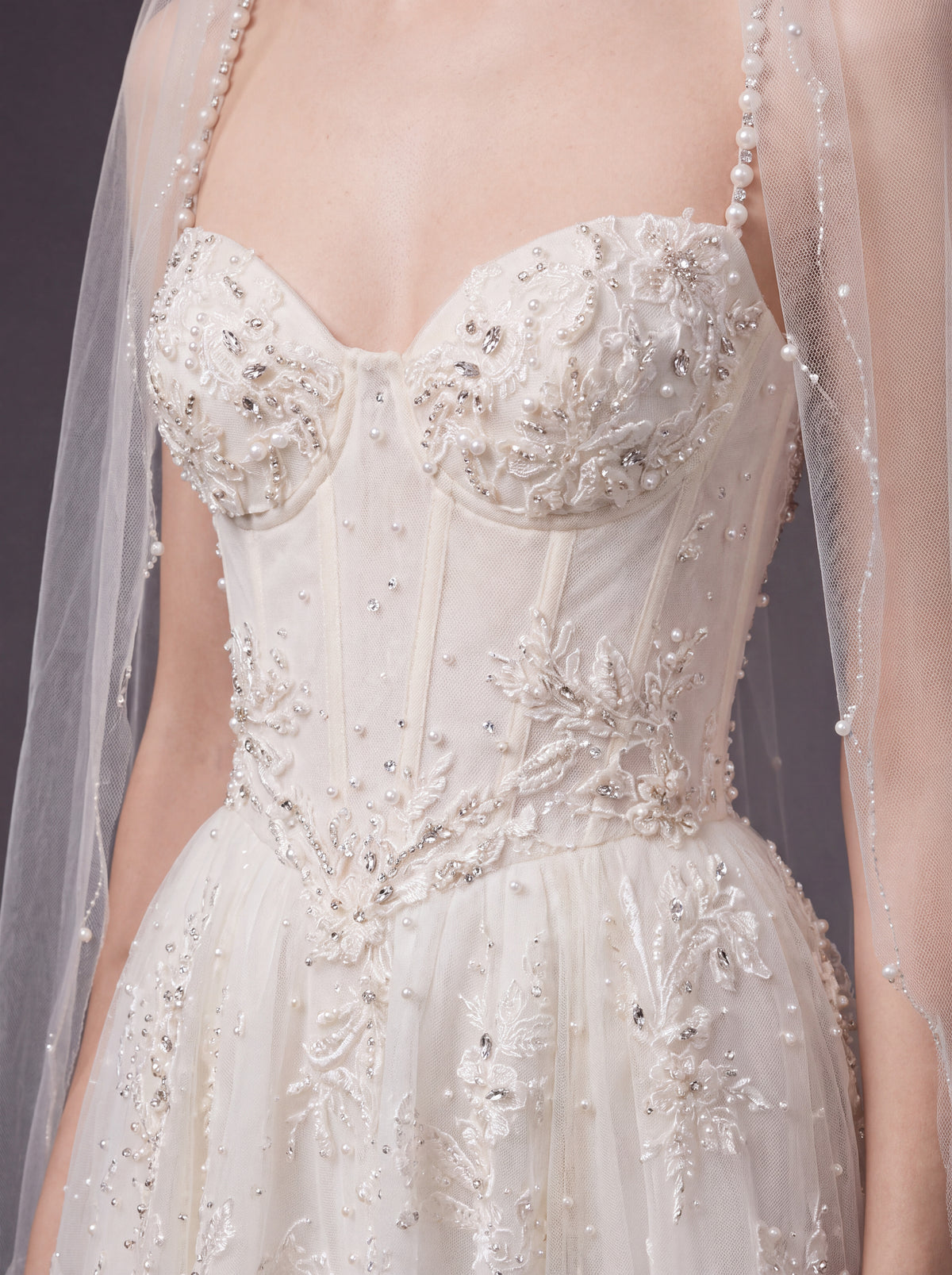 Corset Bridal Dress with Pearl Straps & Cathedral Veil – Ivory Pearl Embellished A-Line Wedding Gown & Cathedral Veil