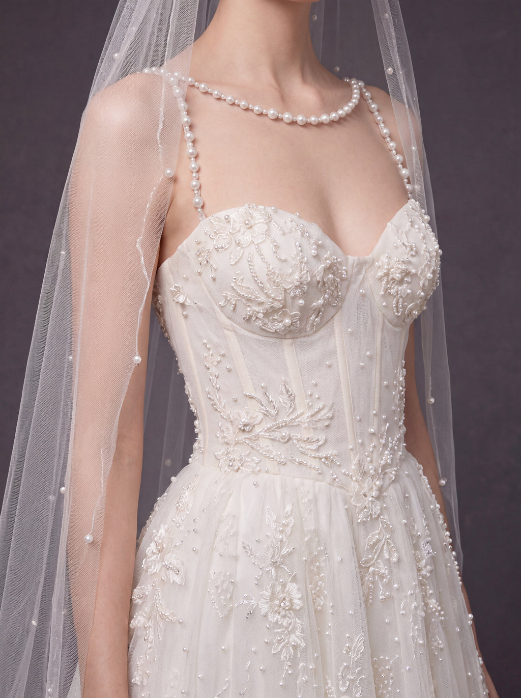 Corset Bridal Dress with Pearl Straps & Cathedral Veil – Ivory Pearl Embellished A-Line Wedding Gown & Cathedral Veil