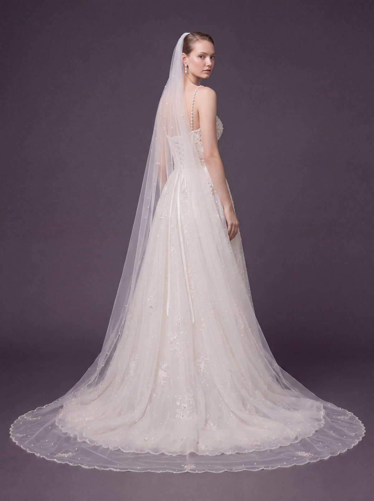 Corset Bridal Dress with Pearl Straps & Cathedral Veil – Ivory Pearl Embellished A-Line Wedding Gown & Cathedral Veil