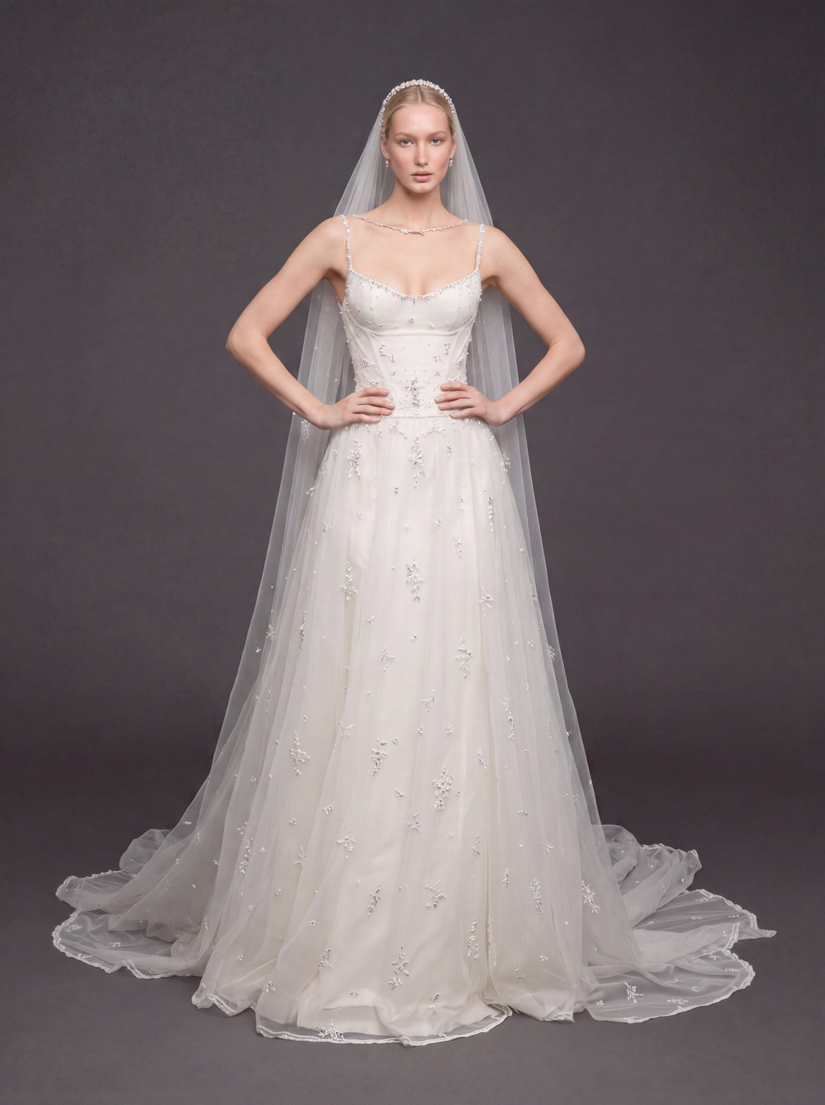 Corset Bridal Dress with Beaded Straps & Cathedral Veil – Ivory Crystal Embellished A-Line Wedding Gown