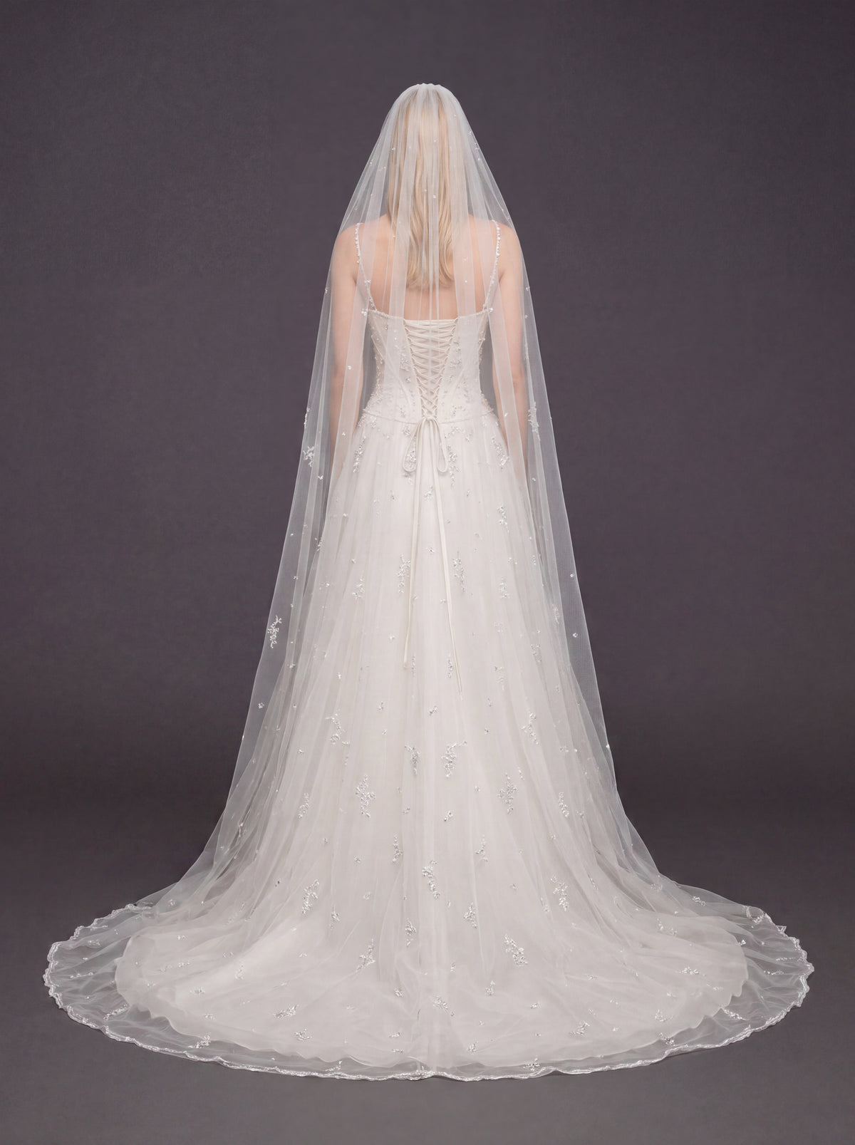 Corset Bridal Dress with Beaded Straps & Cathedral Veil – Ivory Crystal Embellished A-Line Wedding Gown