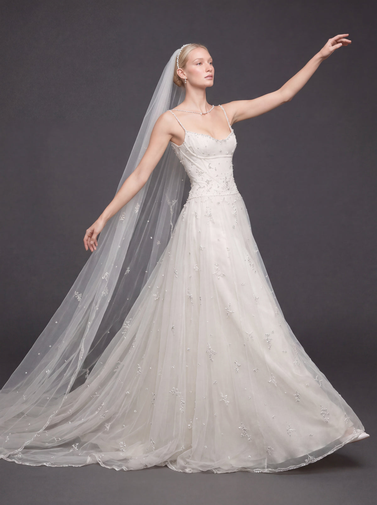Corset Bridal Dress with Beaded Straps & Cathedral Veil – Ivory Crystal Embellished A-Line Wedding Gown