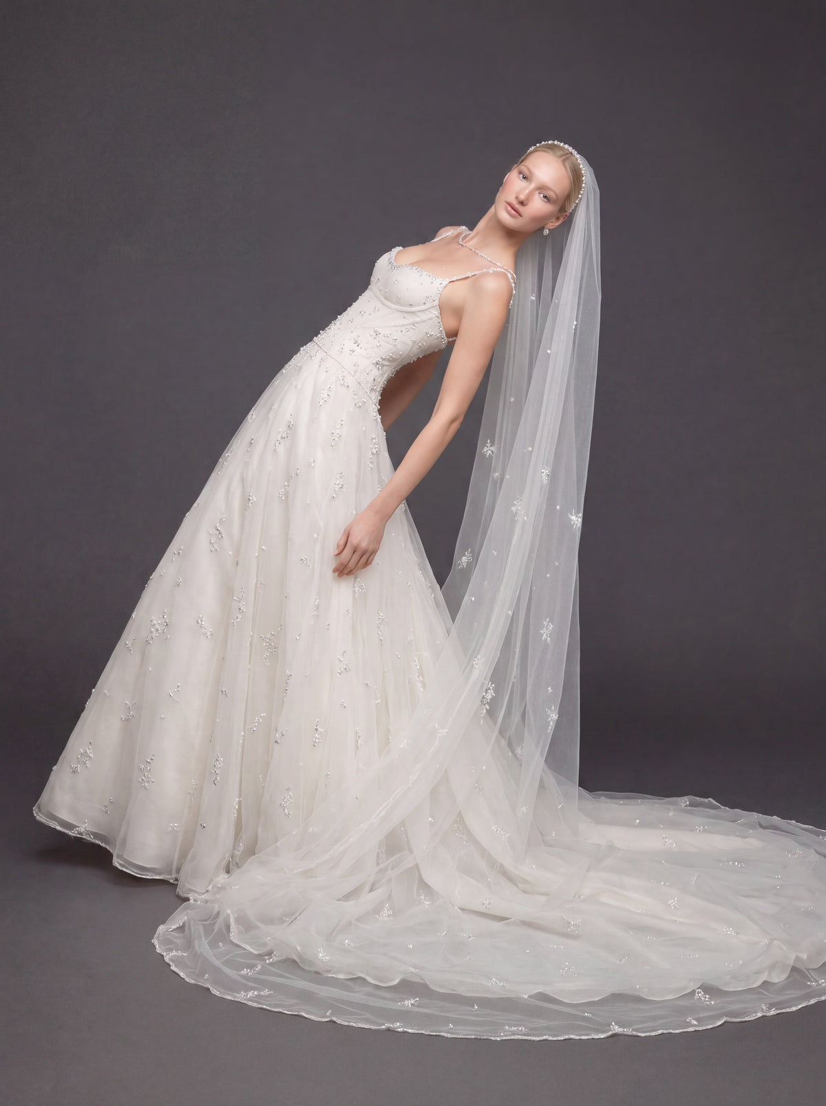 Corset Bridal Dress with Beaded Straps & Cathedral Veil – Ivory Crystal Embellished A-Line Wedding Gown