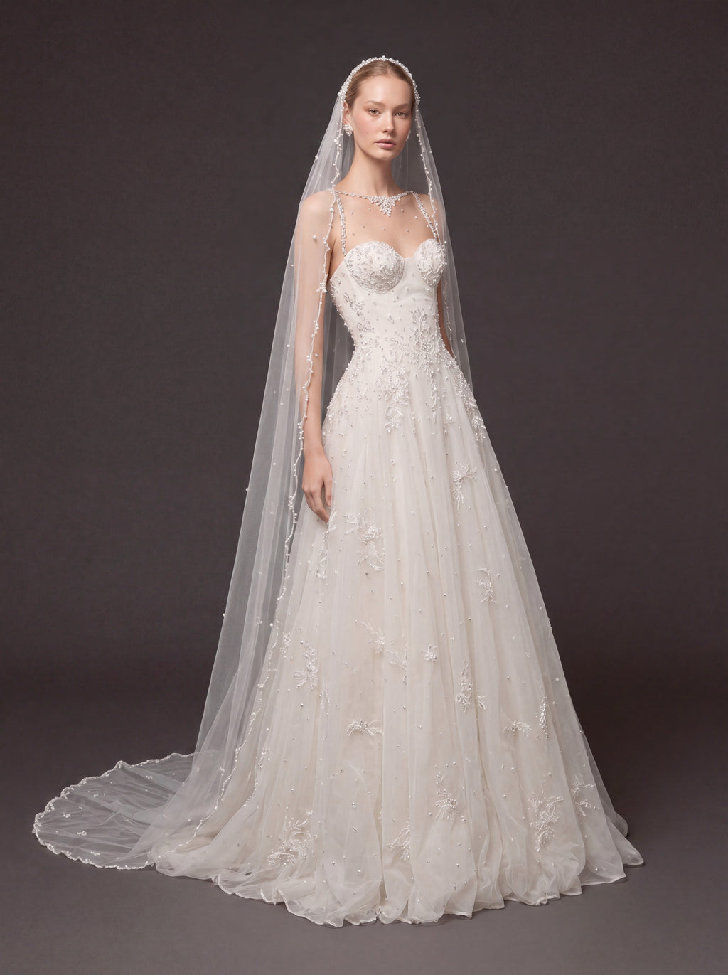 Ivory Pearl & Crystal Embellished A-Line Wedding Gown – Corset Bridal Dress with Beaded Straps & Cathedral Veil