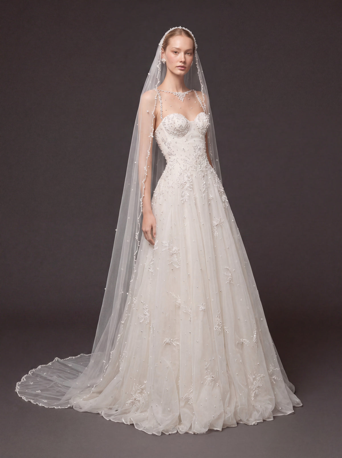Ivory Pearl & Crystal Embellished A-Line Wedding Gown – Corset Bridal Dress with Beaded Straps & Cathedral Veil