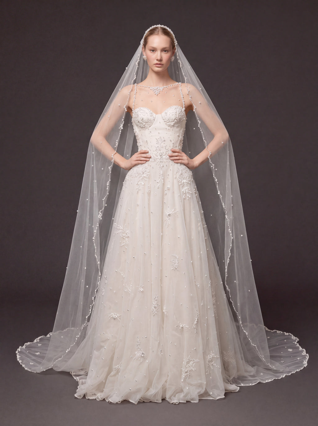 Ivory Pearl & Crystal Embellished A-Line Wedding Gown – Corset Bridal Dress with Beaded Straps & Cathedral Veil