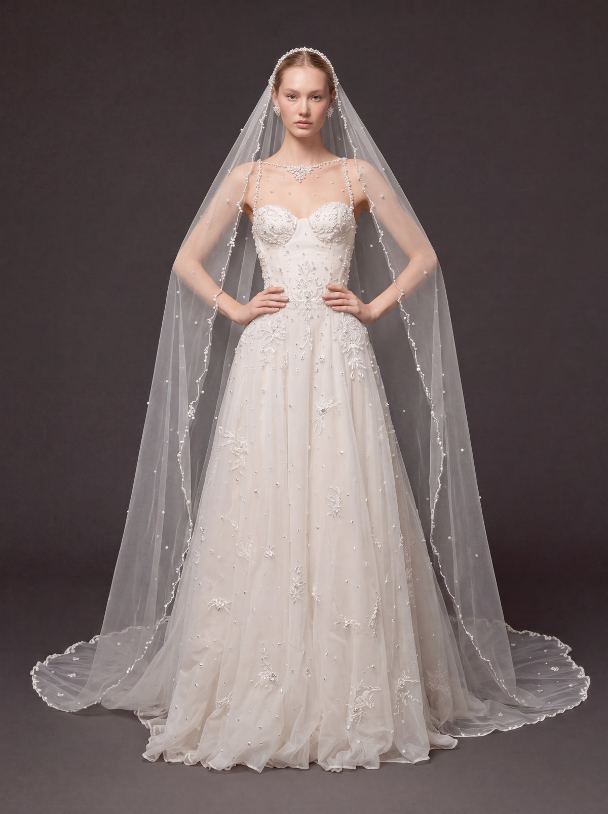 Ivory Pearl & Crystal Embellished A-Line Wedding Gown – Corset Bridal Dress with Beaded Straps & Cathedral Veil
