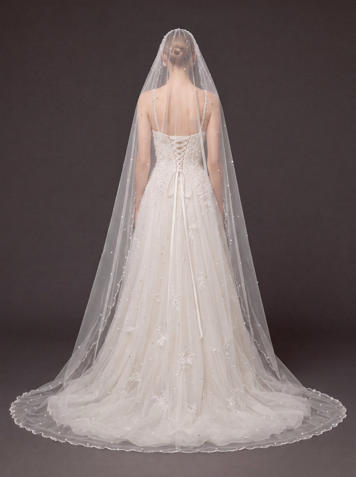 Ivory Pearl & Crystal Embellished A-Line Wedding Gown – Corset Bridal Dress with Beaded Straps & Cathedral Veil