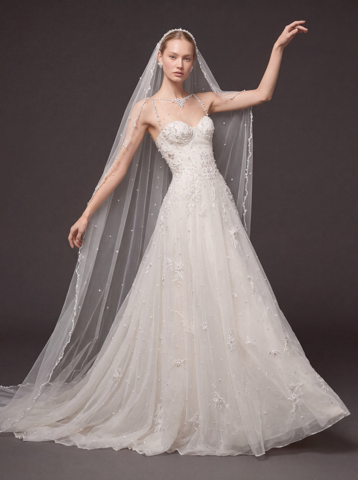 Ivory Pearl & Crystal Embellished A-Line Wedding Gown – Corset Bridal Dress with Beaded Straps & Cathedral Veil