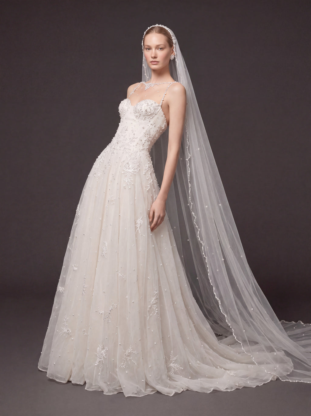 Ivory Pearl & Crystal Embellished A-Line Wedding Gown – Corset Bridal Dress with Beaded Straps & Cathedral Veil