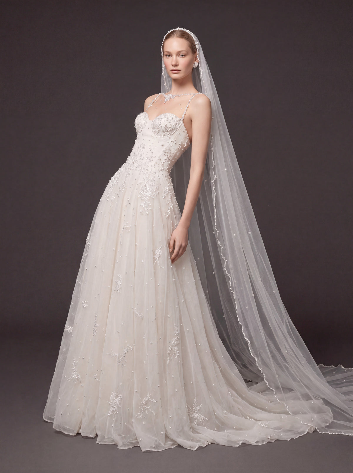 Ivory Pearl & Crystal Embellished A-Line Wedding Gown – Corset Bridal Dress with Beaded Straps & Cathedral Veil