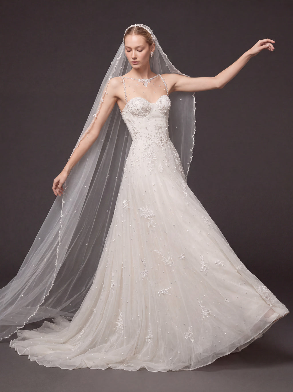 Ivory Pearl & Crystal Embellished A-Line Wedding Gown – Corset Bridal Dress with Beaded Straps & Cathedral Veil