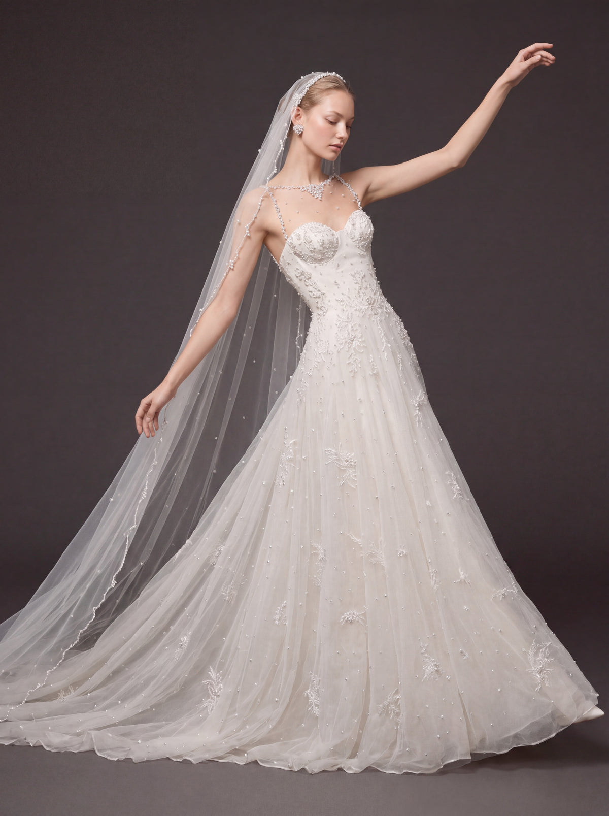 Ivory Pearl & Crystal Embellished A-Line Wedding Gown – Corset Bridal Dress with Beaded Straps & Cathedral Veil