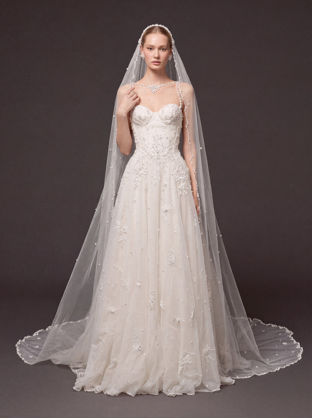 Ivory Pearl & Crystal Embellished A-Line Wedding Gown – Corset Bridal Dress with Beaded Straps & Cathedral Veil