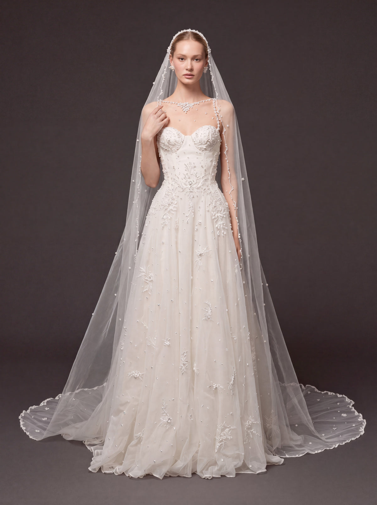 Ivory Pearl & Crystal Embellished A-Line Wedding Gown – Corset Bridal Dress with Beaded Straps & Cathedral Veil