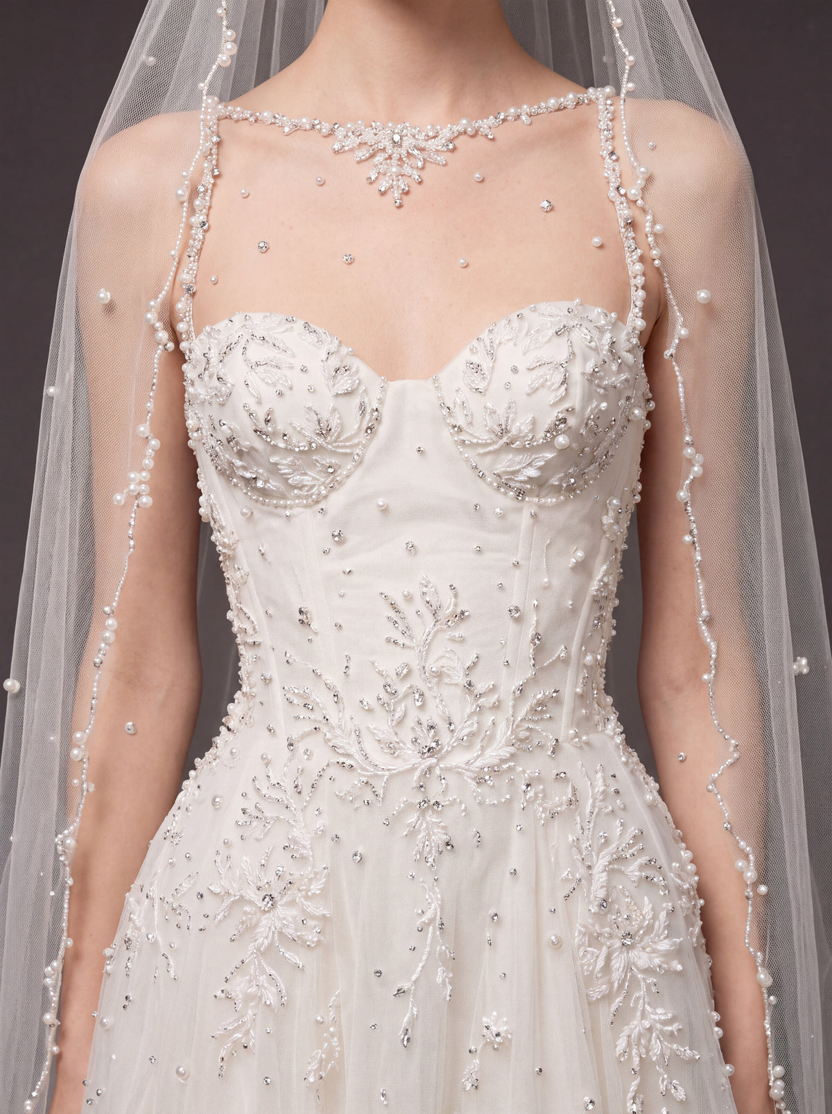 Ivory Pearl & Crystal Embellished A-Line Wedding Gown – Corset Bridal Dress with Beaded Straps & Cathedral Veil