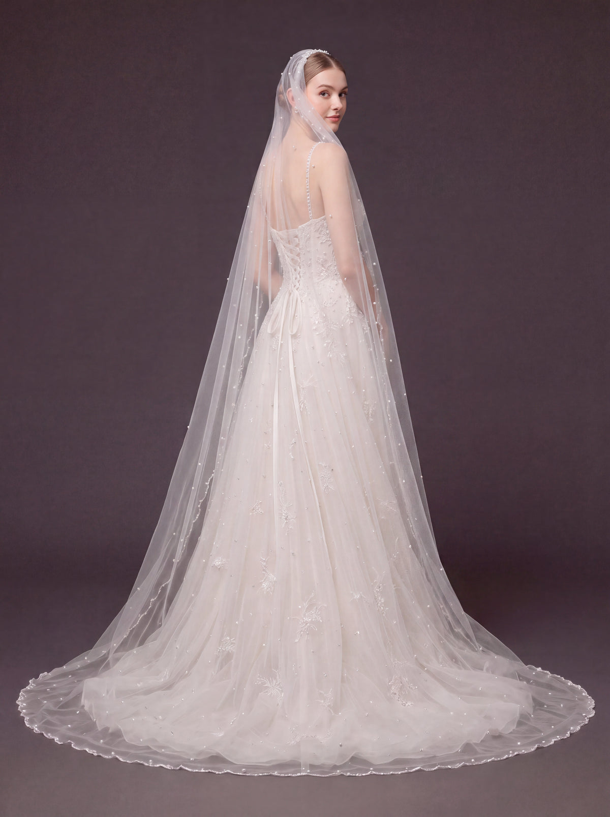 Ivory Pearl & Crystal Embellished A-Line Wedding Gown – Corset Bridal Dress with Beaded Straps & Cathedral Veil
