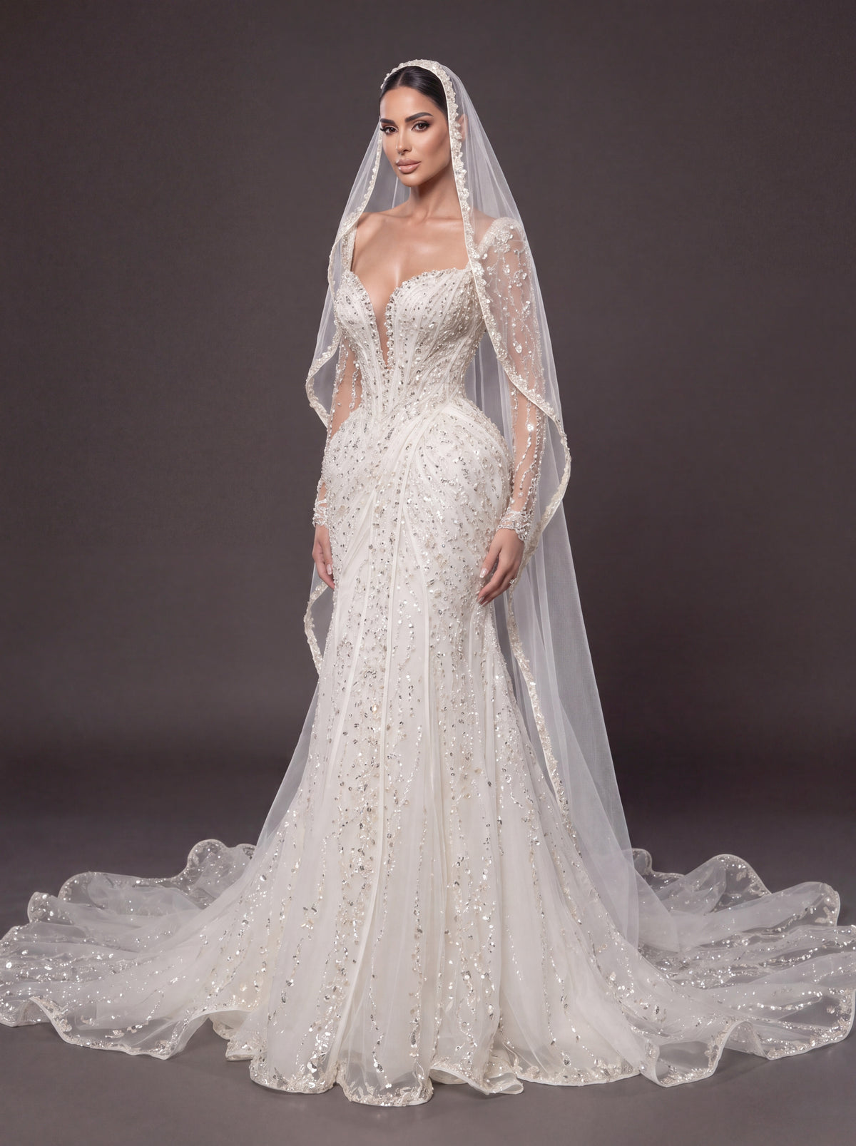 Deep V Bridal Dress with Draped Tulle & Cathedral Veil – Ivory Crystal Embellished Corset Wedding Gown